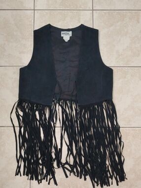 Vintage Black Suede Leather Fringe Vest Festival Brazen Women's Size S